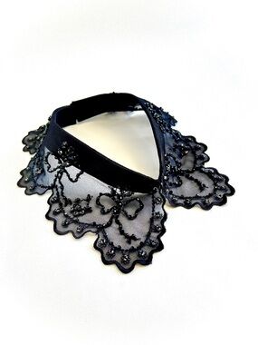 Black Beaded Lace Detachable Collar - Floral Embroidery Rhinestones